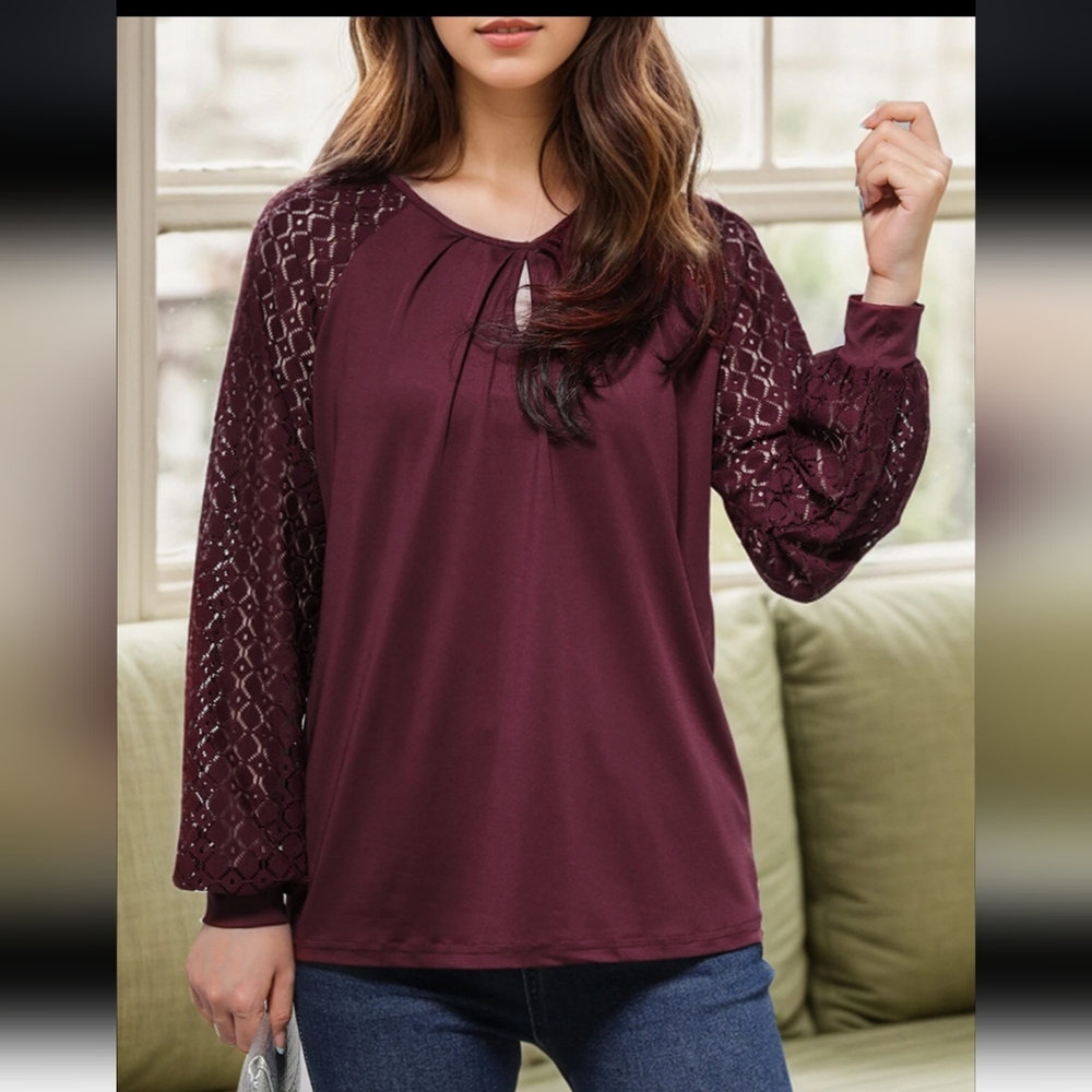 ❤️Chic Burgundy Lace Sleeve Blouse - Picture 3 of 10